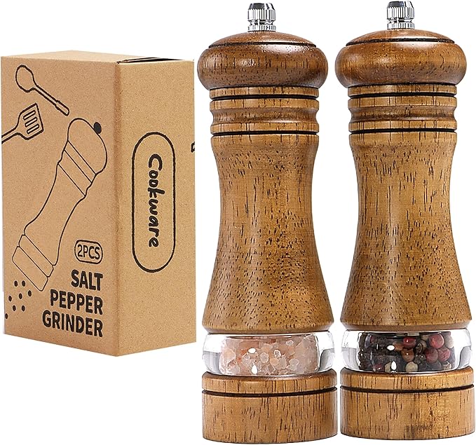 Wooden Salt and Pepper Grinder Set, Premium Oak Wood Salt Grinders Shakers, Manual Pepper Mill with Acrylic Clear Window, Adjustable Ceramic Grinder for Kitchen, Restaurant, Gifts - 6 inches, 2 Pack