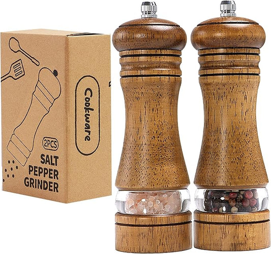 Wooden Salt and Pepper Grinder Set, Premium Oak Wood Salt Grinders Shakers, Manual Pepper Mill with Acrylic Clear Window, Adjustable Ceramic Grinder for Kitchen, Restaurant, Gifts - 6 inches, 2 Pack