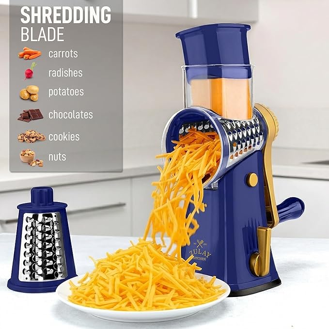 Zulay Kitchen Rotary Cheese Grater 5 Blade Cheese Shredder - Manual Hand Crank Cheese Grater With Reinforced Suction & 5 Interchangeable Drums - Easy to Use, Vegetable Chopper Round Mandoline Slicer - Image 3