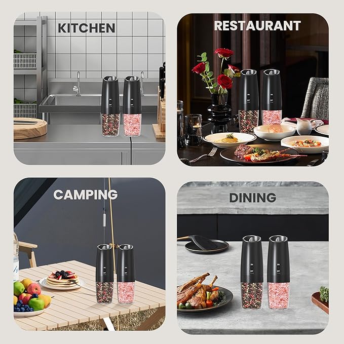Rechargeable Salt And Pepper Grinder Set with LED Light, Automatic Electric Gravity Salt And Pepper Shakers Set, No Battery Needed, Adjustable Roughness, 2 Pack (Black&Black) - Image 7