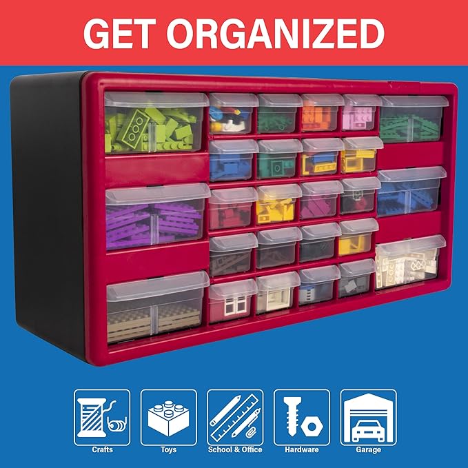 Akro-Mils 26-Drawer Plastic Drawer Storage Cabinet for Garage Organization, Bead Organizer, Building Bricks Storage, Teacher Toolbox, Makeup Organizer, 20" W x 6" D x 10" H, 10126 Red - Image 4