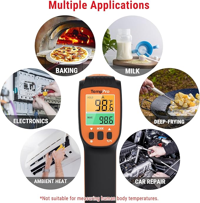 TempPro TP450 2 Laser Temperature Gun for Cooking, 16:1 D:S Ratio Infrared Thermometer Gun for Pizza Oven, Laser Thermometer Gun with Adjustable Emissivity Temp Gun -58 to 1022℉(Previously ThermoPro) - Image 7