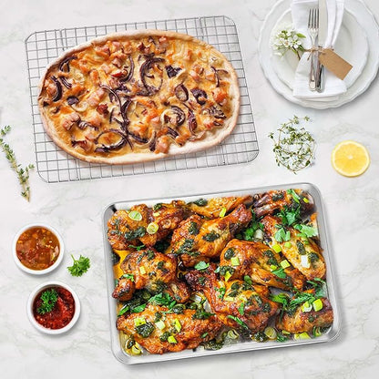 P&P CHEF 12.5 Inch Toaster Oven Pan with Rack Set, Stainless Steel Baking Pan Tray and Grid Cooling Rack for Cooking/Roasting, Dishwasher Safe & Easy to Clean, Non-toxic & Sturdy, (4Pcs)