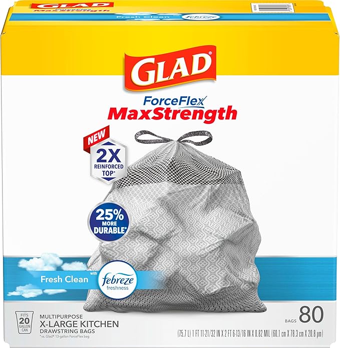 Glad ForceFlex MaxStrength Kitchen Trash Bags, 20 Gal, Fresh Clean Febreze, 80 Ct (Package May Vary) (Pack of 3)