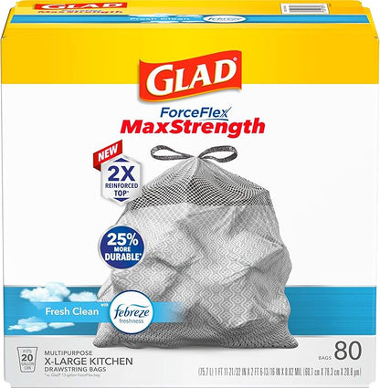 Glad ForceFlex MaxStrength Kitchen Trash Bags, 20 Gal, Fresh Clean Febreze, 80 Ct (Package May Vary) (Pack of 3)