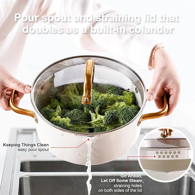Pots and Pans Set - VONIKI Nonstick Granite Cookware Set, Gold Kitchen Cookware Sets, Non Toxic Cooking Pot Set, PFOA Free, Oven & Dishwasher Safe - Ideal Gift for Home Chefs - Image 4