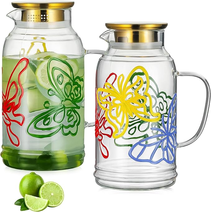 Buaic Glass Pitcher with Lid and Handle,2 PACK 68 oz/2 Liter Vintage Hand Painted Butterfly Design Fridge Water Pitcher, Borosilicate Glass Water Carafe for Hot/Cold Water Iced Sun Tea,Heat Resistant by Buaic