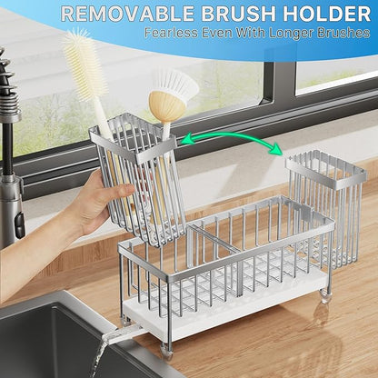 Cisily Sponge Holder for Kitchen Sink, Sink Caddy Organizer with High Brush Holder, Kitchen Countertop Organizers and Storage Essentials, Rustproof 304 Stainless Steel (Silver, 9.25″) - Image 4