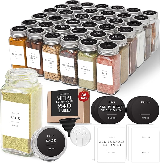 Glass Spice Jars with Labels with Metal Lids and Shakers Farmhouse 36 Pack Set, 4oz Small Clear Empty Spice Bottles Seasoning Containers with Label Organizer Square Herb Seasoning Jars for Kitchen by Finessy