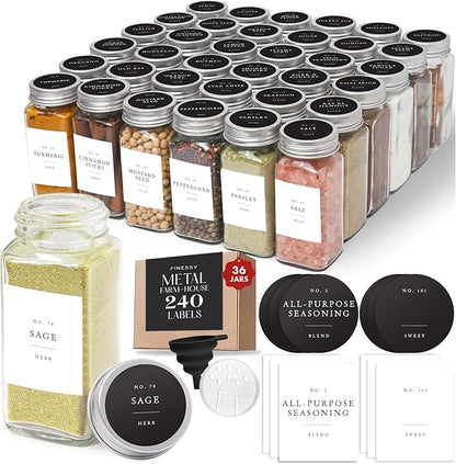 Glass Spice Jars with Labels with Metal Lids and Shakers Farmhouse 36 Pack Set, 4oz Small Clear Empty Spice Bottles Seasoning Containers with Label Organizer Square Herb Seasoning Jars for Kitchen by Finessy