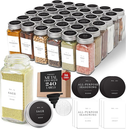 Glass Spice Jars with Labels with Metal Lids and Shakers Farmhouse 36 Pack Set, 4oz Small Clear Empty Spice Bottles Seasoning Containers with Label Organizer Square Herb Seasoning Jars for Kitchen by Finessy