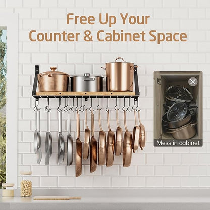 KES Pot Rack Wall Mounted 34 Inch, Pot and Pan Hanging Rack with 20 Sturdy Hooks, Solid Wood Pot and Pan Hanger Organizer, Matte Black, KUR529S85A-BK