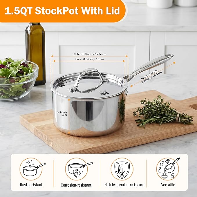 Cooks Standard Stainless Steel Sauce Pan with Lid, 1.5 Quarts Tri-Ply Clad Saucepan, Small Kitchen Induction Pot, Dishwasher & Oven Safe, Compatible with All Cooktops