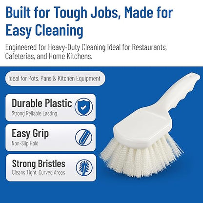 SPARTA Flo-Pac 8" Utility Scrub Brush with 2" Nylon Bristles, Plastic Pistol Grip Handle, Commercial Handheld Cleaning Brush, White
