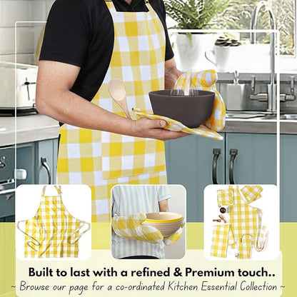 Native Fab Buffalo Plaid Check Oven Mitts and Pot Holders Set of 4, 100% Cotton Heat Resistant Kitchen Gloves, 2 Oven Mitts (7x13), 2 Pot Holders (8x8) for Cooking & Baking, Lemon Yellow White - Image 2