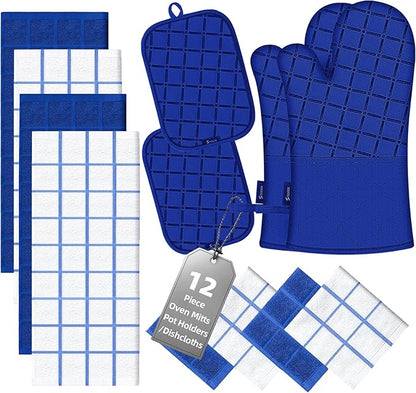 Oven Mitts Pot Holders Sets/Kitchen Towels and Dishcloths, Oven Gloves Kitchen Dish Towels 500 Degree Heat Resistant Potholders with Non-Slip Silicone Surface for Cooking, Grilling, Baking-Royal Blue by BSKSSK