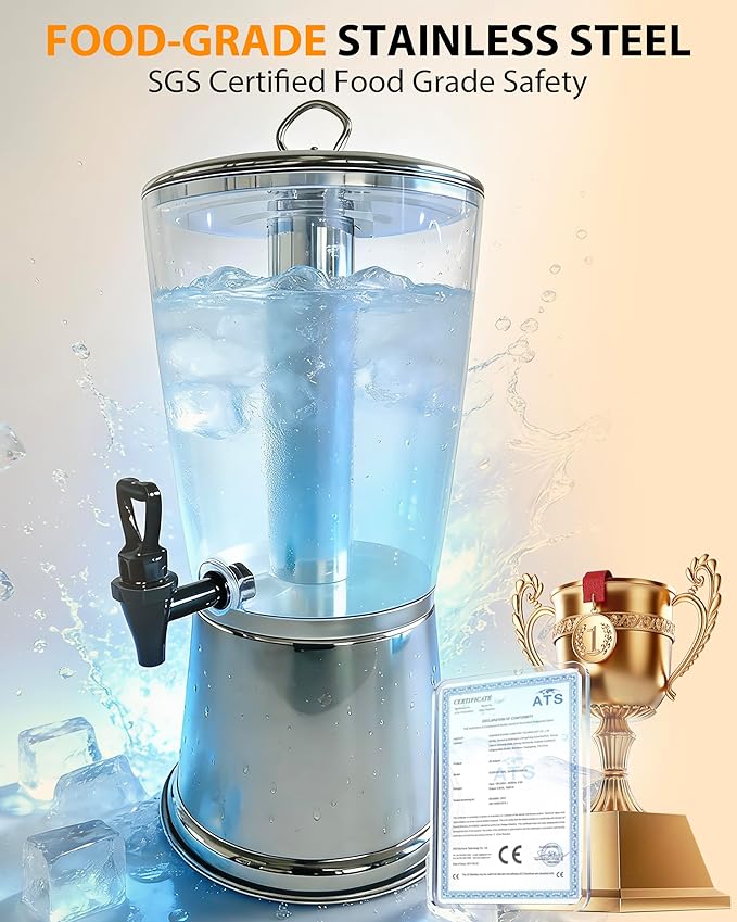 Beverage Dispenser with Stand, 2.5 Gallon Drink Dispenser for Parties,Events,Buffet &Self-Serve,Dual Ice Tube Core Fruit Infuser,Leakproof Spigot,Clear PC Container, Stainless Steel Lid&Base - Image 5