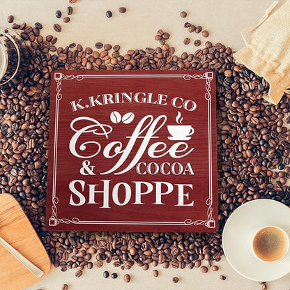 Kringle Coffee & Cocoa Shoppe Sign – 5.9 x 5.9 Inch Wooden Christmas Decor Plaque with Stand, Vintage Holiday Coffee Bar Sign for Kitchen, Cocoa Station, Hot Drink Corner (Red) - Image 4