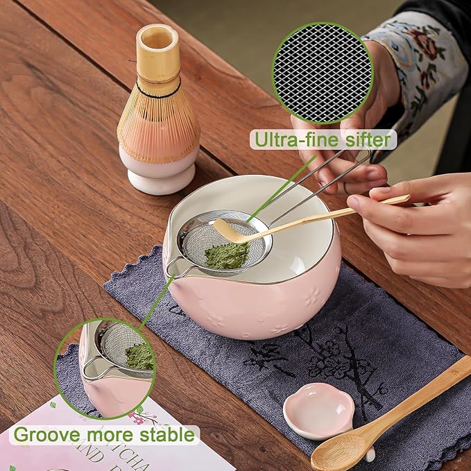 Clay&Fire Matcha Whisk Set, 9 pcs Ceramic Matcha Set, Gifts for Women,Matcha Bowl with Spout and Whisk, Matcha Kit for Matcha Lovers, Ideal Gift Christmas, Birthday, Anniversary (Cherry Bloom-Pink) - Image 3