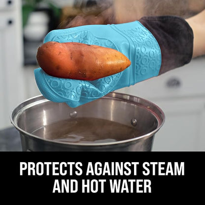 BPA-Free Soft Silicone Oven Mitts - Ultra Heat Resistant Oven Mitts with Thick Cotton Liner - Extra Long Slip Resistant Pot Holders, Flexible Oven Gloves - Aqua/Black 14.7" - Image 4