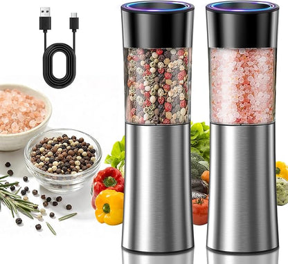 CIRCLE JOY Rechargeable Gravity Electric Salt and Pepper Grinder Set Automatic Stainless Steels Salt and Pepper Mills with LED Light, No Battery Needed, Adjustable Coarseness,for Home Kitchen BBQ by CIRCLEJOY