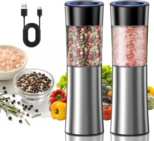 CIRCLE JOY Rechargeable Gravity Electric Salt and Pepper Grinder Set Automatic Stainless Steels Salt and Pepper Mills with LED Light, No Battery Needed, Adjustable Coarseness,for Home Kitchen BBQ by CIRCLEJOY