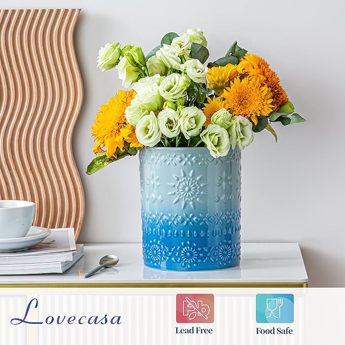 LOVECASA Extra Large Kitchen Utensil Holder, 7.2" Ceramic Farmhouse Utensil Holder For Kitchen Décor Countertop With Heavy And Sturdy Base, Utensil Crock Organizer, Blue - Image 5