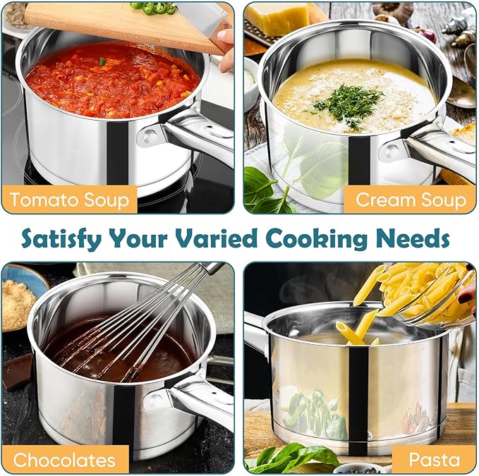 P&P CHEF 3 Quart Saucepan with Lid Set, Stainless Steel Small Cooking Pot Induction Sauce Pan for Pasta Soup, Ergonomic Handle & Tri-ply Base, Dishwasher Safe, 1 Pan - Image 5