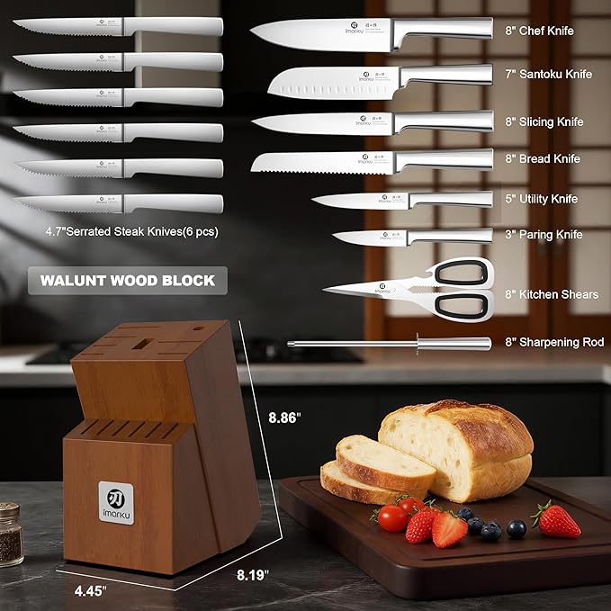 imarku Knife Set - Kitchen Knife Set 15 Pieces Japanese Stainless Steel Knife Block Set with Sharpener - Dishwasher Safe Kitchen's Knives - Ultra Sharp Chef Knife Set for Kitchen