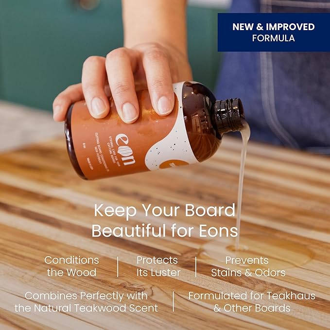 Teakhaus Carving Board and Cutting Board Oil Set - Includes Large (L) Wood Cutting Board with Grip Handles and EON Food Grade Mineral Oil - Knife-Friendly - FSC Certified - Image 3
