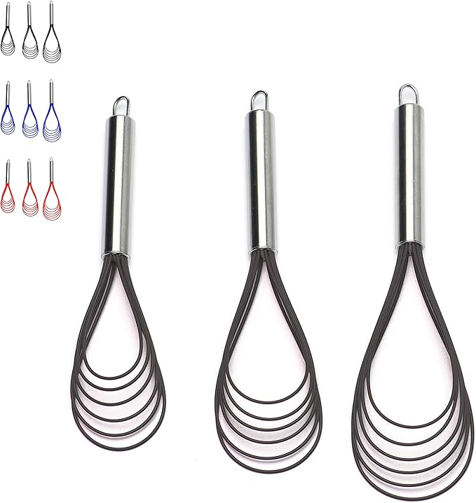 Flat Whisks Stainless Steel,3 Pack 10''+11''+12'' Set Premium Sturdy-6 Silicone Heads Non Stick Wires Whisk for Blending Beating Stirring Kitchen Cooking Color Grey by Jell-Cell by Jell-Cell