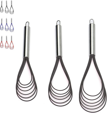 Flat Whisks Stainless Steel,3 Pack 10''+11''+12'' Set Premium Sturdy-6 Silicone Heads Non Stick Wires Whisk for Blending Beating Stirring Kitchen Cooking Color Grey by Jell-Cell by Jell-Cell