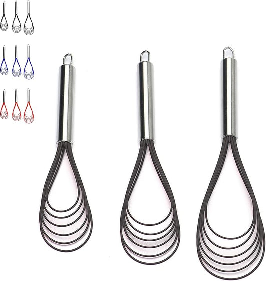 Flat Whisks Stainless Steel,3 Pack 10''+11''+12'' Set Premium Sturdy-6 Silicone Heads Non Stick Wires Whisk for Blending Beating Stirring Kitchen Cooking Color Grey by Jell-Cell by Jell-Cell