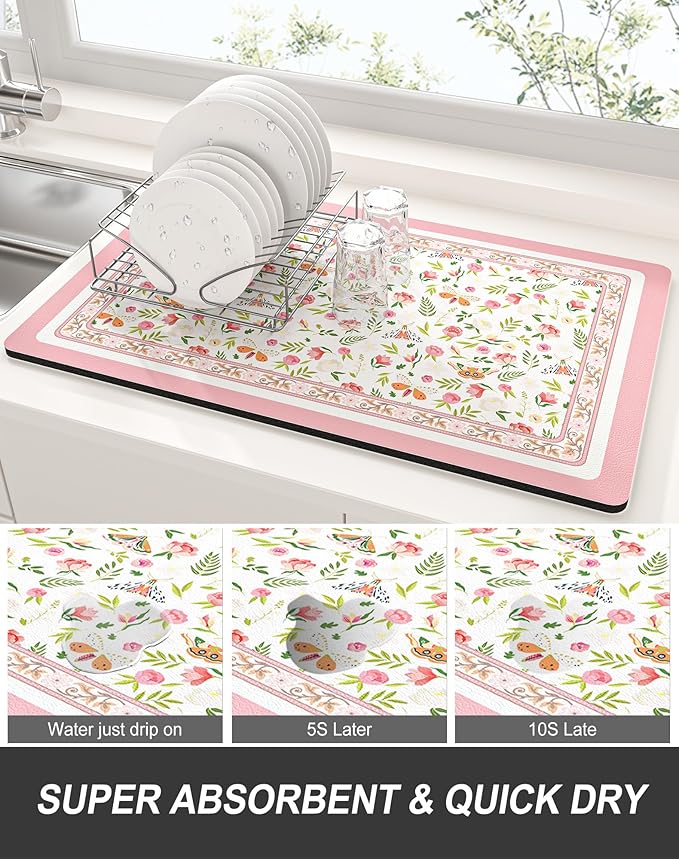 Rnivvi Dish Drying Mat for Kitchen Counter, XL 15 x 24" Cute Flower Theme Absorbent Draining Pad, Non-Slip Heat Resistant Coffee Bar Mats for Coffee Machine Station Accessories, Pink Dish Rack Pad - Image 3