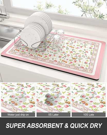 Rnivvi Dish Drying Mat for Kitchen Counter, XL 15 x 24" Cute Flower Theme Absorbent Draining Pad, Non-Slip Heat Resistant Coffee Bar Mats for Coffee Machine Station Accessories, Pink Dish Rack Pad - Image 3