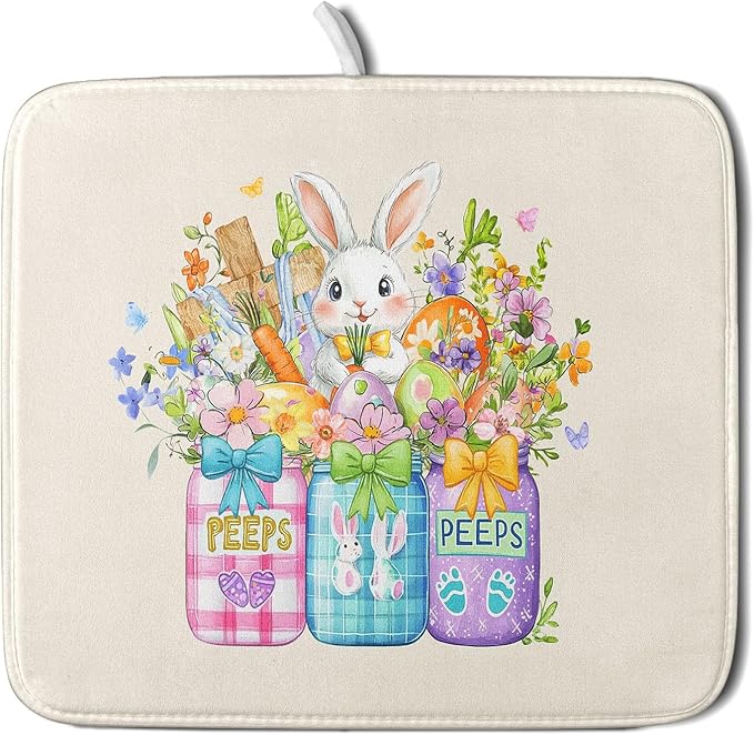 Easter Bunny Carrots Dish Drying Mat for Kitchen Counter,Spring Colorful Flowers Mason Jar Drying Mat 16 x 18 Inch with Absorbent Reversible Microfiber Drying Pad for Coffee Bar by Anyako