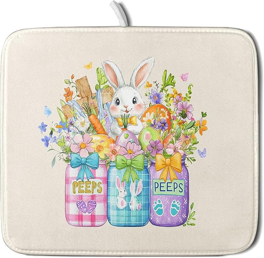 Easter Bunny Carrots Dish Drying Mat for Kitchen Counter,Spring Colorful Flowers Mason Jar Drying Mat 16 x 18 Inch with Absorbent Reversible Microfiber Drying Pad for Coffee Bar by Anyako