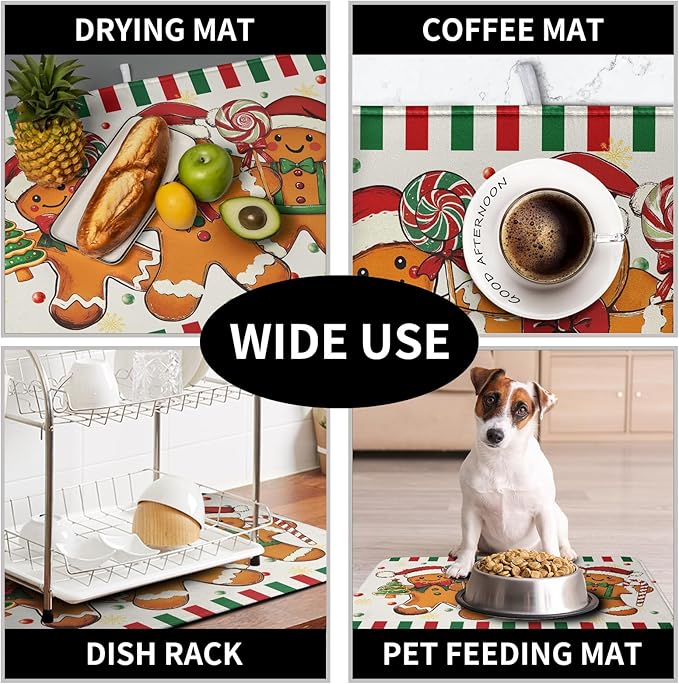 Christmas Dish Drying Mat Gingerbread Man Candy Cane Xmas Tree Drying Mats for Kitchen Counter Winter Holiday Dish Drainer Pad Absorbent Microfiber Dish Draining Mat 18x24 Inch - Image 7