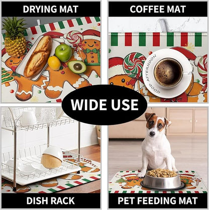 Christmas Dish Drying Mat Gingerbread Man Candy Cane Xmas Tree Drying Mats for Kitchen Counter Winter Holiday Dish Drainer Pad Absorbent Microfiber Dish Draining Mat 18x24 Inch - Image 7