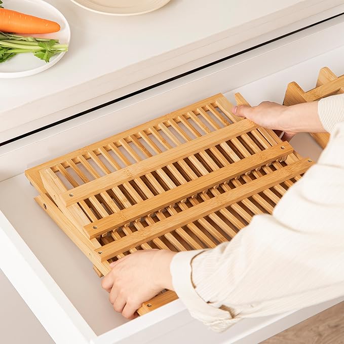 HBlife Bamboo Dish Drying Rack with Utensil Holder, 3-Tier Large Collapsible Wooden Dish Drainer Rack, Folding Drying Holder Dish Drainer for Kitchen Counter - Image 4