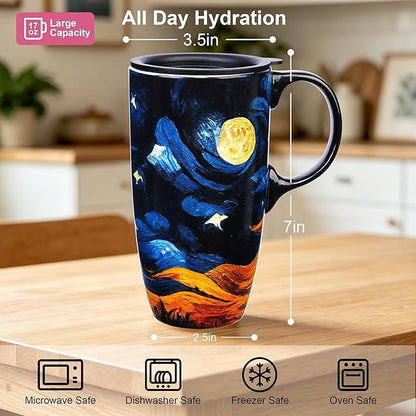 Topadorn Ceramic Coffee Travel Mug with Lid and Handle - 17 Oz Large Ceramic Latte Teacup with Color Box, Splash Resistant Lid - To Go Tumbler for Car Cup Holder, Starry Sky
