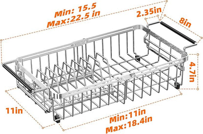 Expandable Dish Drying Rack in Sink,Stainless Steel Over The Sink Dish Drainer Drying Rack for Kitchen Counter,with Utensil Holder,Silver