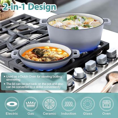 TeamFar 5 Quart Enameled Cast Iron Dutch Oven, 2-In-1 Dutch Oven Pot Cookware with Skillet Lid for Bread Baking Braising Stewing Roasting, Sturdy & Nonstick, Oven Safe & Fit for Induction (Grey) - Image 5