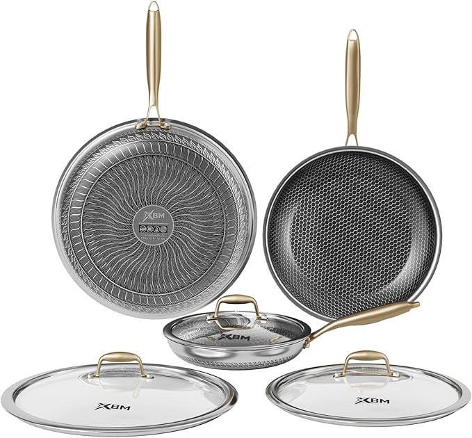 Nonstick Frying Pan Set, 8+10+12 Inch, Honeycomb Stainless Steel Skillet Pans Set, PFOA-Free Scratch-Proof, Dishwasher & Oven Safe, Compatible with All Cooktops