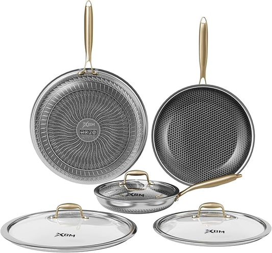 Nonstick Frying Pan Set, 8+10+12 Inch, Honeycomb Stainless Steel Skillet Pans Set, PFOA-Free Scratch-Proof, Dishwasher & Oven Safe, Compatible with All Cooktops