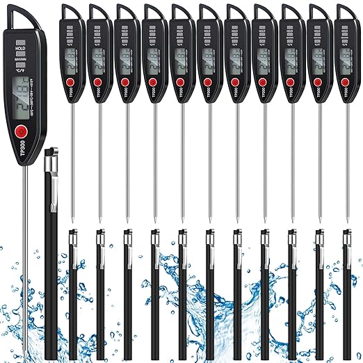 Copkim 12 Set Waterproof Food Thermometer for Water, Liquid, Candle and Cooking Digital Meat Thermometer with Long Probe Instant Read for Kitchen BBQ Grill Candy (Black)