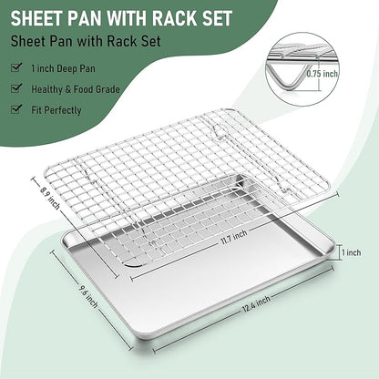Homikit Baking Sheet with Wire Rack Set (1 Pan+1 Rack), 12" x 10" Stainless Steel Quarter Sheet Pan with Grid Cooling Rack for Toaster Oven Roasting, Metal Bacon Cookie Trays Nonstick Jelly Roll Pan