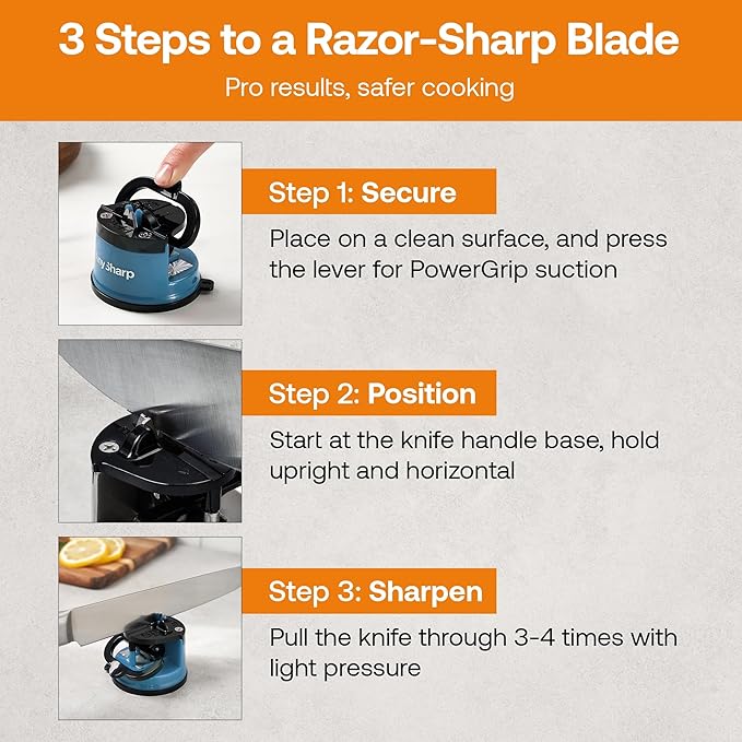 AnySharp – Global – Hands Free Knife Sharpener - Easy to Use Sharpening Tool with PowerGrip Suction Base and 20-Degree Pre-Set Angle - for All Knives: Chef's, Serrated, and Hardened Steel - Blue - Image 9