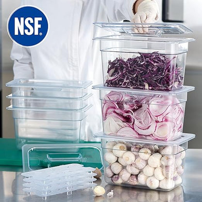 CURTA 6-Pack 1/4 Size 6" Deep NSF Polycarbonate Food Pans with Handled Lids & Drain Trays | Dishwasher & Freezer Safe Clear Container for Prep Tables, Buffet, Salad Bar, Commercial & Home Kitchen