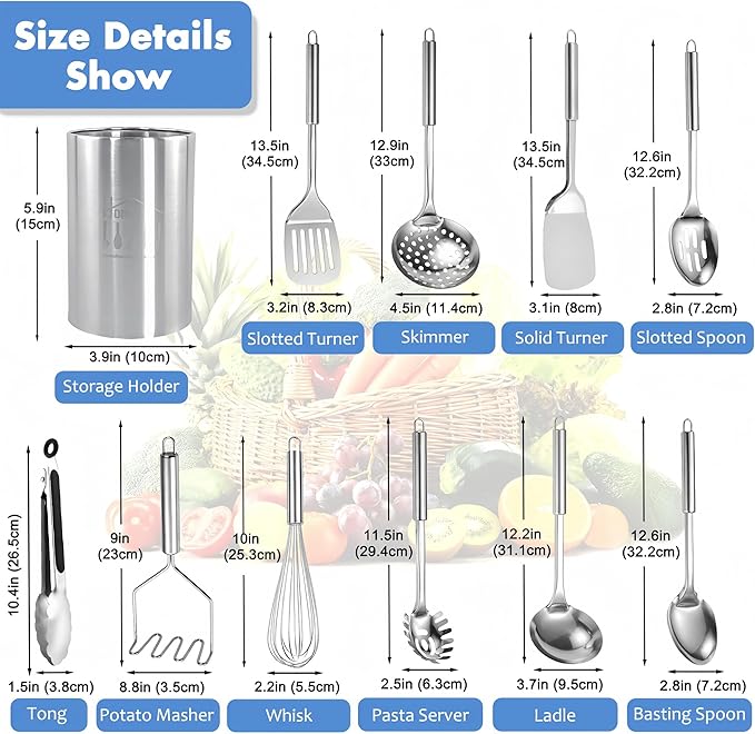 Cooking Utensils Set 11pcs - Stainless Steel Kitchen Utensils Set with Holder, Heat Resistant Kitchen Utensils Sets for Cooking with Turners, Potato Masher, Skimmer, Spoons, Ladle, Tongs, Whisk - Image 7